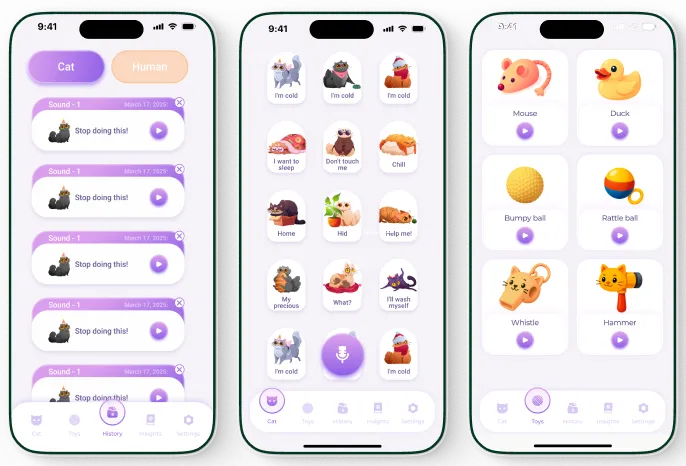 Three phones showing saved translations, the mood library and the sound toys screen