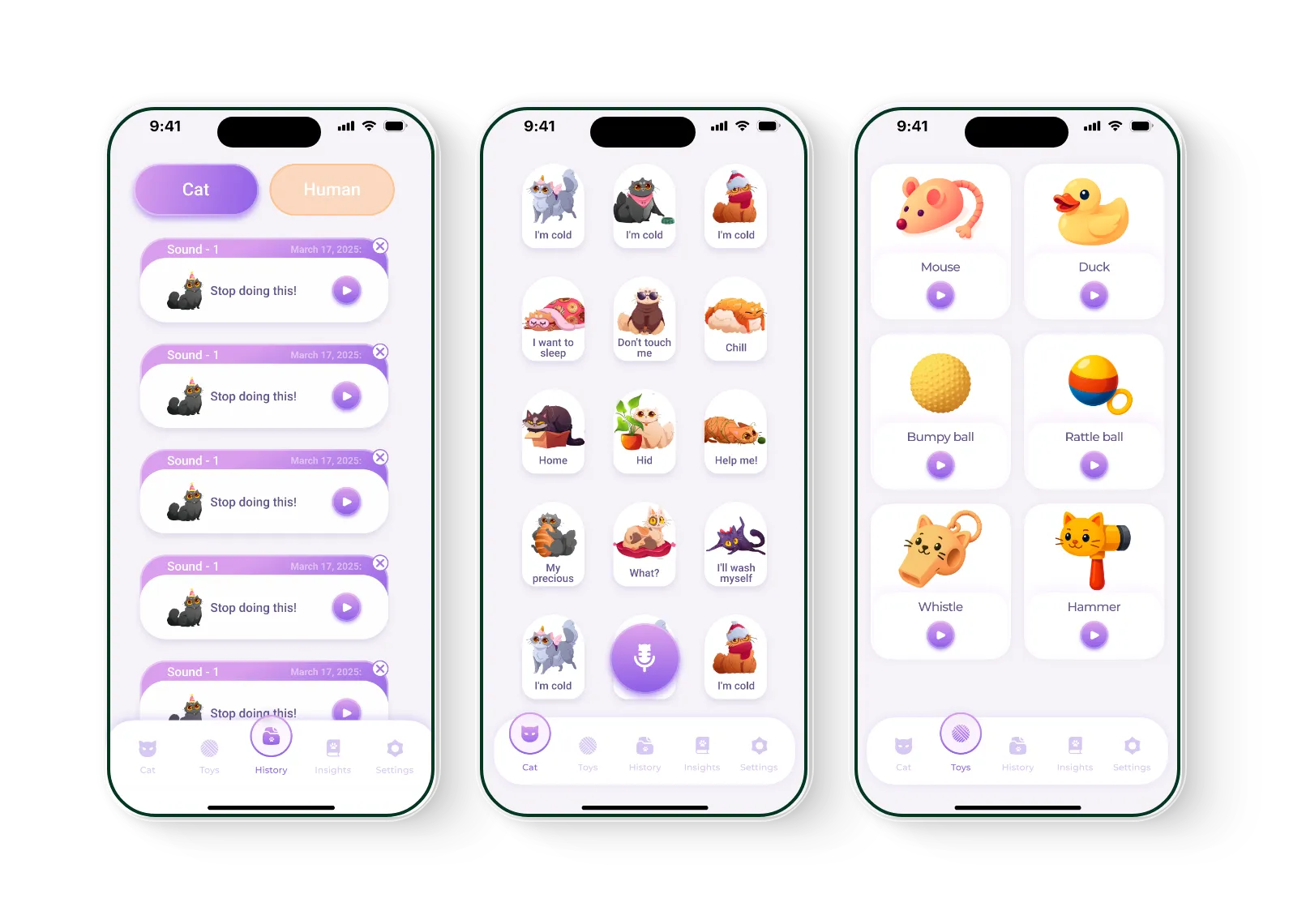 Three phones showing saved translations, the mood library and the sound toys screen