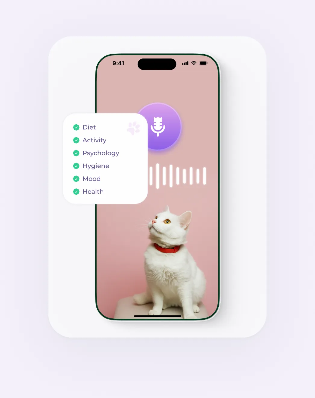 A phone recording a cat with the mic listening and a checklist of diet, activity, psychology, hygiene, mood and health