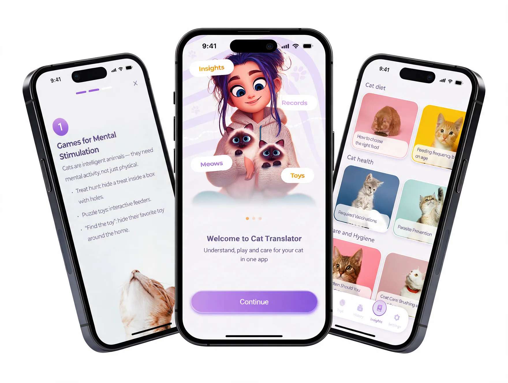 Three phones showing the Cat Translator onboarding: a games screen, the welcome screen and a cat-care topic list