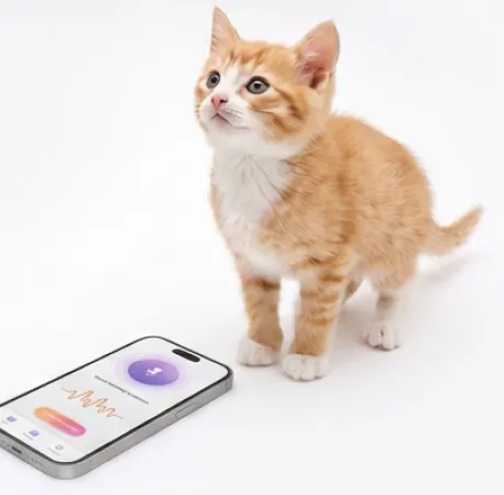 A ginger kitten standing next to a phone showing a translation