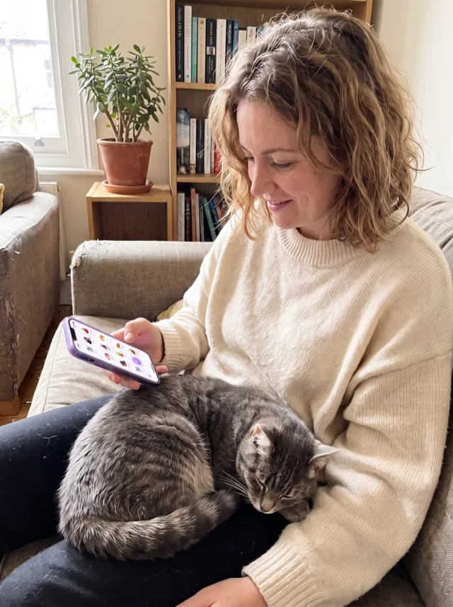 Lena reading a translation on her phone with a grey cat asleep in her lap
