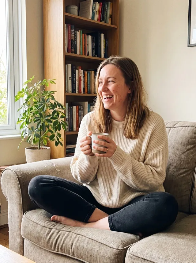 Lena laughing on the sofa with a mug of tea