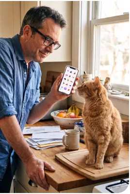 Tomasz holding his phone up to a ginger cat on the kitchen counter
